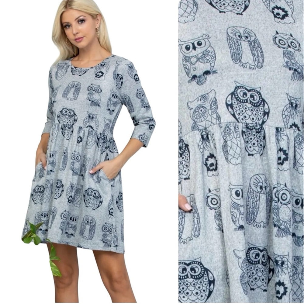 Owls 🦉 Print 3/4 Sleeves Sweater Dress With Pockets